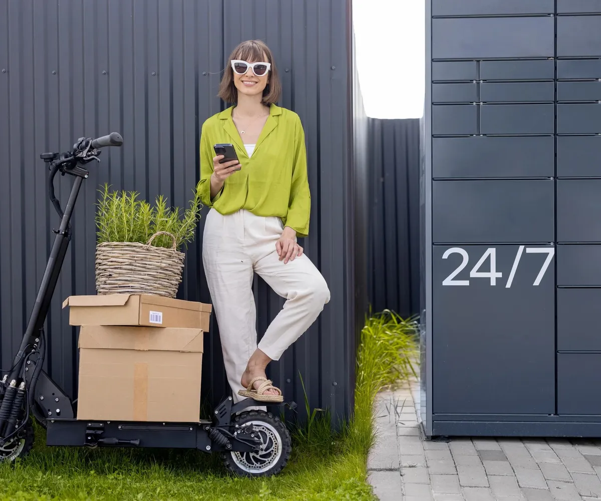 Cliente Avanss avec sa trottinette électrique et un colis